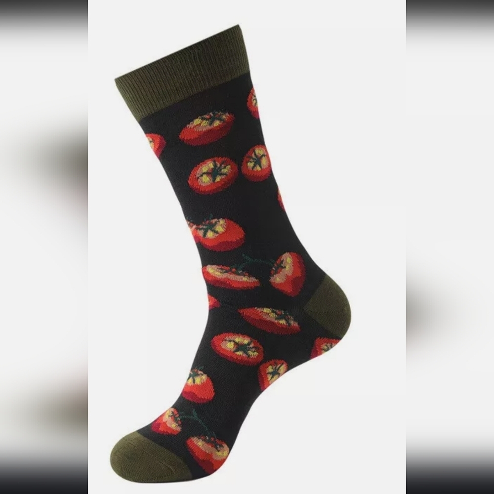 Tomato Theme Novelty Fashion Socks Crew Socks New Black Green & Red - Picture 1 of 1